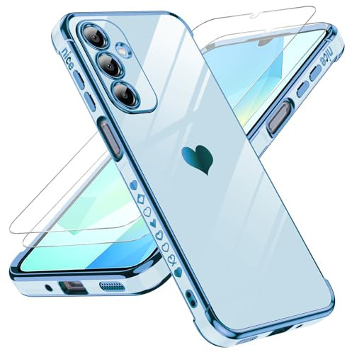 LeYi Handyhülle für Samsung Galaxy A16 5G Hülle mit 2*Schutzfolie, Cute Herz Muster TPU Silikon Galvanik Stoßfest Schutzhülle Cover Case, Kameraschutz Kratzfest für Samsung A 16 4G/5G Blau