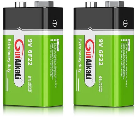 GutAlkaLi Batería de bloque de 9 V, 2 unidades, Longlife Power para detector de humo, detector de incendios y fuego, micrófono 6lr61 6F22 PP3 MN1604