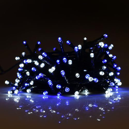 Partenopea serie stringa catena luminosa di luci 300 LED per albero di Natale da Esterno natalizie ed Interno controller con 8 giochi di luce e Memoria cavo VERDE (Blu + Bianco freddo, 15mt)