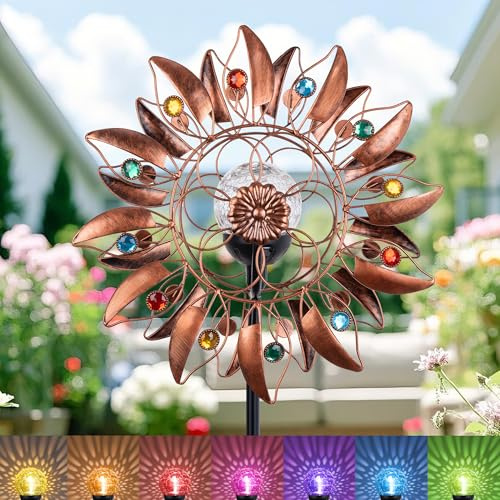 Solar Wind Spinner Sculptures Waterproof Outdoor with Solar Powered Multi-Color LED Glass Ball Light Dual Direction Wind Spinners Metal Garden Kinetic Windmill Decorative Lights for Lawn Yard Patio