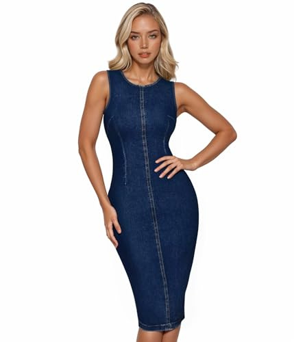 Hybrid & Company Womens Super Stretch Slim Fit Crew Neck Sleeveless Denim Dress DR5010 Darkwash M