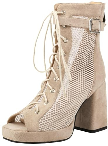 XIEPP Women's Fashion Peep Toe Mesh Boots Lace up Summer Ankle Boots Zipper Booties