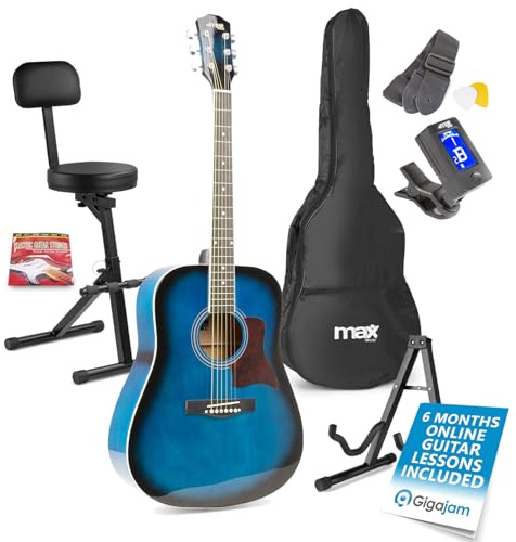 MAX SoloJam Blue Beginner Acoustic Guitar Starter Kit - Full Size Classical Instrument Bundle with Stool Backrest, Folding Stand, Digital Tuner & Online Lessons