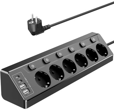 Vipwell Ecksteckdose mit Unabhängigem Schalter，Steckdosenleiste Mit 4 USB (2 USB C)+6 Fach Steckdose Mit Kindersicherung, 3680W, 2M Verlängerungskabel für Küche, Büro, Haushalt (Schwarz)