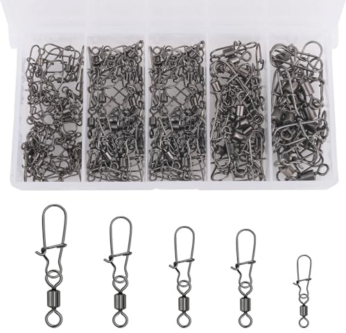 130 Pcs Fishing Swivels and Clips, High Strength Sea Fishing Tackle with Safety Snaps, Black Fishing Connector Snaps for Quick Change Swivels Fishing Tackle, for Saltwater Freshwater（4# 6# 8# 10# 12#）