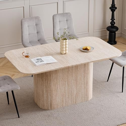 BenyLed Table à Manger Rectangulaire pour 4 à 6 Personnes - 160 x 90 x 76 cm - Plateau MDF avec Finition Travertin - Table de Cuisine Moderne avec Base Ovale élégante, Jaune Clair
