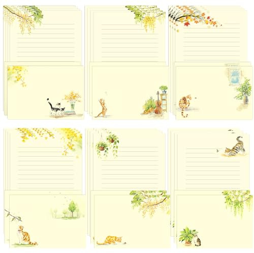 36PCS Cat Theme Stationery Set, Warm Yellow Healing Style Letter Writing Paper with Cute Kitty Illustrations and Envelopes for Letters, Invitations, Holiday Greetings, Party Notes and Gifts