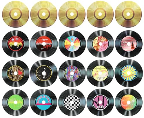 QUARKZMAN 20pcs Décorations en Vinyle, 14.2cm Disques Video Sticker Vinyle Décoratif 16 Styles, Couverture PVC Album CD Ornement Fête Musique Mur Maison Esthétique (Noir et Doré, Style 1)