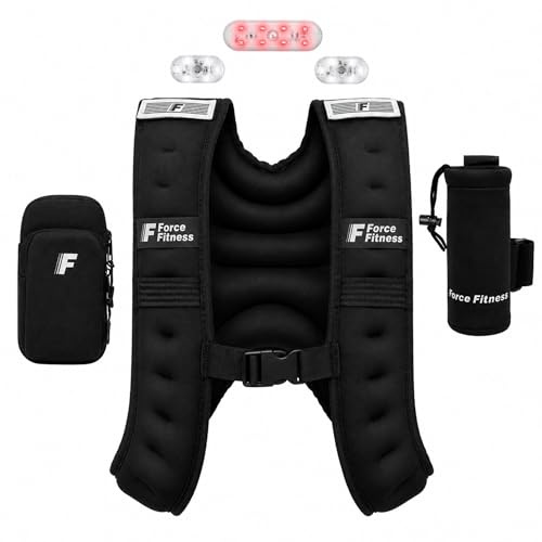 Force Fitness viktad väst för löpning med LED-säkerhetsljus, avtagbar flaskhållare och telefonpåse, justerbar storlek viktväst för nattpromenader, löpare, väg och spår (10 kg)