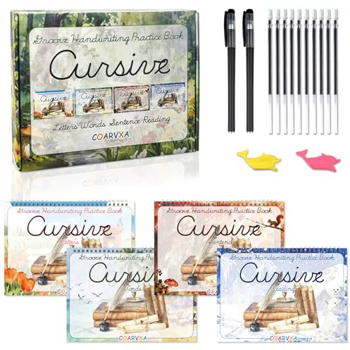 COARVXA Confezione da 4 quaderni di lavoro per scrivere a mano corsiva, libri di pratica di scrittura con scanalature magiche, libri riutilizzabili per esercitazioni di scrittura a mano, cartella di