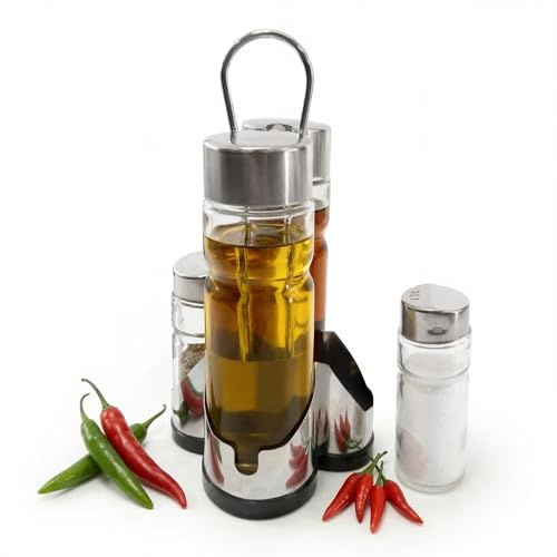 GEEZY 4 Piece Condiment Set for Table 100ml & 30ml - Elegant Glass Cruet Set, Oil Vinegar Dispensers, Salt Pepper Shakers, Stainless Steel Stand - Great for Dining, Cooking, Kitchens