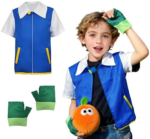 YushengTai Costume de cosplay pour enfant - Bleu - Manches courtes - Ensemble de gants - Costume de héros d'enfance pour Halloween, fêtes à thème, spectacles sur scène, vêtements de tous les jours