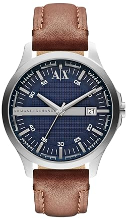 Armani Exchange Uhr für Herren , DreizeigerDatumswerk, 46mm Silber / Stahl Edelstahlgehäuse mit einem Lederarmband, AX2133