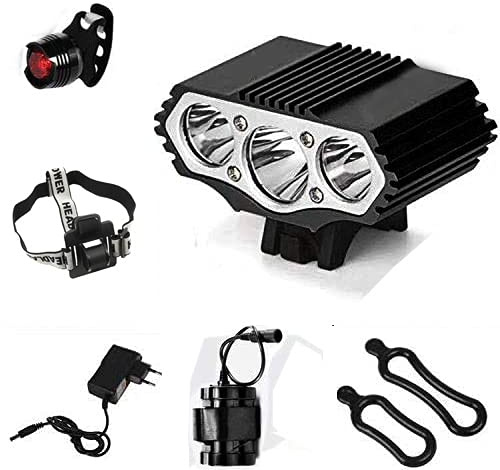Constefire Linterna para Bicicletas - Luz LED Frontal para Manillar (3 focos, 6000 Lumens, 4 Modos) & 1 x Lámpara Trasera para Bici (Negro)