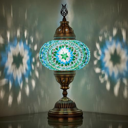 DEMMEX Battery-Operated Turkish Moroccan Mosaic Table Lamp – 30 cm H, 13 cm W, Portable Stained Glass Lamp for Indoor & Outdoor Use, Cordless Handmade Decorative Light for Bedroom, Patio & Camping