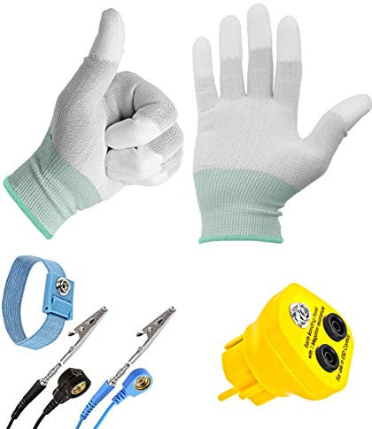 Minadax Blocco di messa a terra + manicotto con prolunga da 2,40 m, EBP – Innovativo ESD antistatico, spina di messa a terra + guanti antistatici ESD, taglia: L