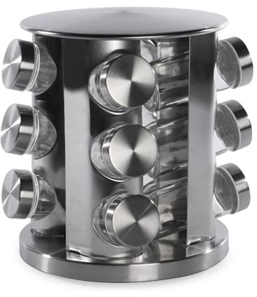 evolving Spice Rack with 12 Glass Shaker Jars | 360° Rotating Stainless Steel Spice Organizer | Herb & Seasoning Storage Tower for Kitchen Countertop | M&W