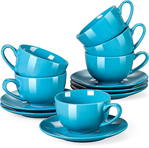 LOVECASA, Series Sweet, Cup & Saucer Sets Tableware Sets 12 Piece Coloured Cappuccino Cup and Saucer Set - Modern Style Porcelain Tea and Coffee Cups - Navy Blue - 230ml