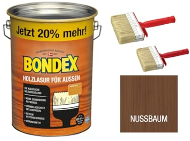 zbs24 Bondex Holzlasur für außen nussbaum 4,8 Liter, inkl. 3-teiliges Pinselset, hohe Witterungsbeständigkeit, Intensivschutz vor Nässe