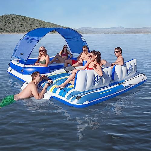 Grande isola galleggiante gonfiabile, galleggianti da spiaggia per feste in acqua, lettino gonfiabile con isola galleggiante con brezza tropicale, materassino galleggiante gonfiabile per piscina per