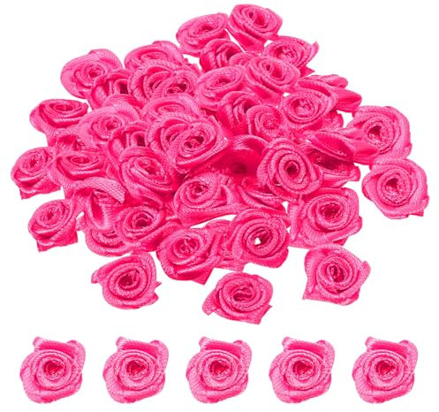 PATIKIL 1,5cm Mini Raso Nastro Rose, 50pz Piccoli Tessuto Fiori Abbellimenti Rosoni Applique per Fai-da-te Artigianato e Matrimonio, Rosa Rosso