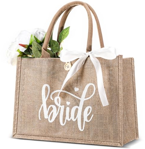 Weewooday Bride Jute Tragetasche mit Schriftzug Bride und Weiß Schleifenband Braut Einkaufstasche Brauthandtasche aus Jute Braut Geschenk für Junggesellenabschied Team Bride JGA Accessoires