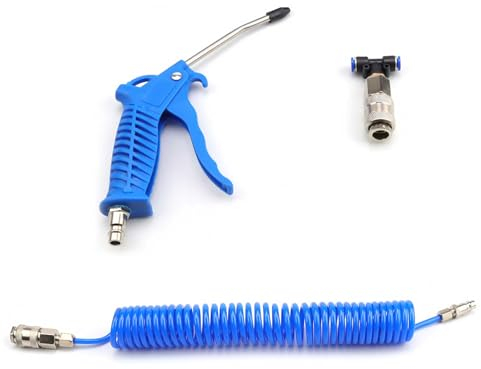 TIANLIN Soufflette Compresseur, avec Tuyau Flexible Spiralé de 5 Mètres, Soufflette, Souflette avec Raccord Rapide en T, Adapté Aux Camions, Voitures, Véhicules Particuliers et Bateaux (Bleu)