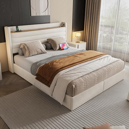 Moimhear Estructura de cama tapizada de terciopelo, cabecero con puerto USB y función de almacenamiento, 4 cajones en la parte inferior del marco de la cama (beis, 140 x 200 cm)