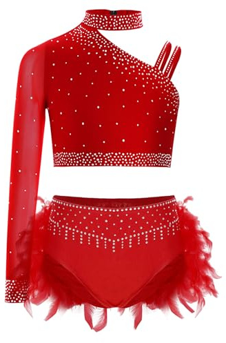 JEATHA 2Pcs Vestido De Ballet Niñas Crop Top De Baile Lentejuelas Y Falda De Plumas Maillot De Gimnasia Rítmica Patinaje