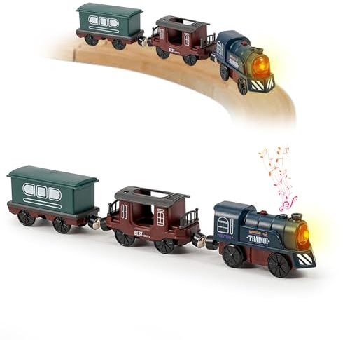 3 Pcs Train Toy Set for Wooden Track - Magnetic Retro Battery Operated Train for Wooden Track Light Up Electric Toys for 3 4 5+ Years Old Kids Boy Girl Birthday Christmas Halloween