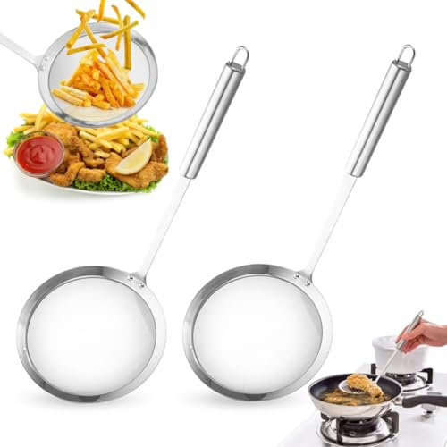 2 pezzi, mestoli per ragnatela, colino in acciaio inox, cucchiaio in schiuma in acciaio inox, setaccio, setaccio, stufatura e creatura (mestolo di schiuma da 10 cm)