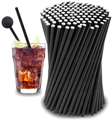 Papperssugrör, 200 stycken sugrör papper (diameter 6 mm 19,7 cm), enfärgade sugrör, lämpliga för cocktails, kaffe och fester, longdrinkfester (svart)