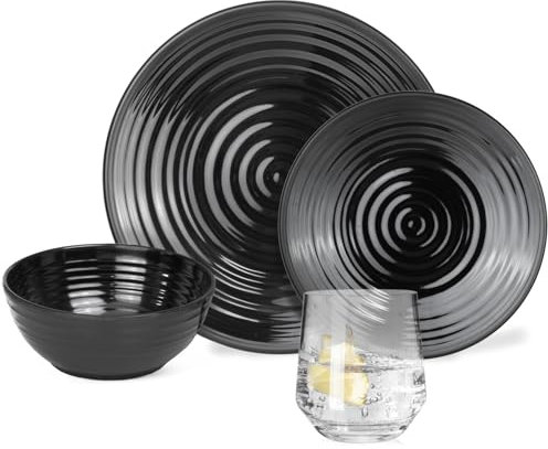 Vaisselle de camping en mélamine pour 4 personnes - Noir pierre foncé + 4 verres à eau Milano - Vaisselle de table - Pour pique-nique et barbecue