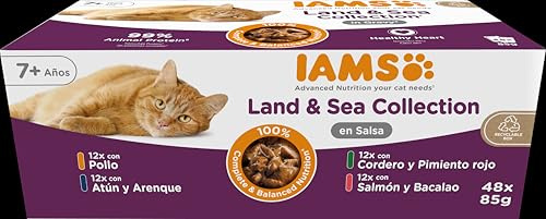 IAMS Advanced Nutrition - Nourriture Humide pour Chat à partir de 7 Ans – Lot de 48 sachets fraicheurs - Recette Terre/Mer en Sauce - sans OGM, sans colorants ni arômes artificiels - 48 x 85g