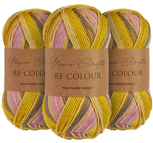 Utopia Crafts Re-Colour Ombre - Gomitolo di filato per lavoro a maglia e uncinetto, 3 pezzi, 100 g (prato di calendula)