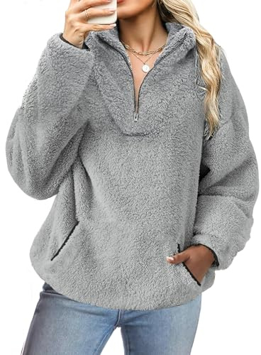 Koerye Sudaderas Forro Polar Mujer con Media Moda Cremallera Caliente Outerwear Casual Caliente y Esponjoso Chaquetas Tops Otoño Invierno Gris,L