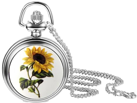JewelryWe Sunflower Pocket Watch Necklace: Women's Quartz Analog Silver Tone Vintage Pendant Watches with Chain for Christmas