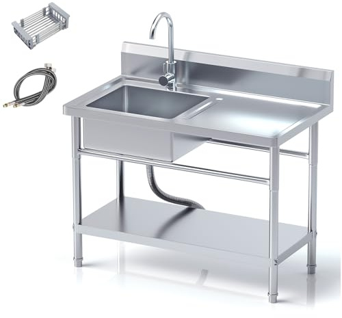 EHVCISTQ Stainless Steel Utility Sink, Free Standing Single Bowl Commercial Kitchen Sink with Faucet and Hot & Cold Water Pipe for Garage, Restaurant, Laundry, 39.5 x 23.6 x 31.5 in