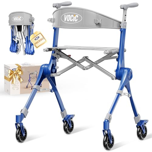 VOCIC Z35 PackGo Rollator Walker with Seat, Magnesium Only 5.7kg, Max 136kg | Ligtweight Rollator Walker for Seniors, Easily Foldable Rollator with Backpack Size, Foot Brakes, Quick-Release Wheels, Blue