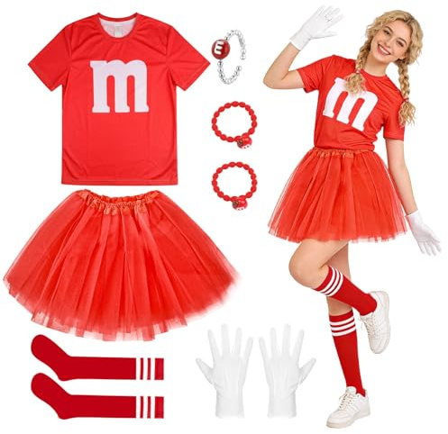 Beamely Ensemble de costume de carnaval imprimé M pour femme, t-shirt rouge avec jupe en tulle, gants, chaussettes et accessoires, costume de carnaval de groupe