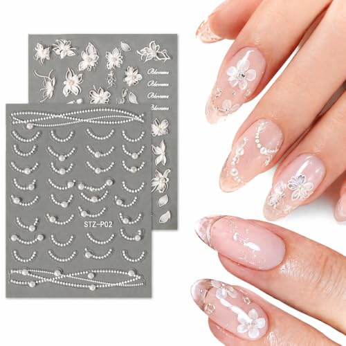 Lot de 2 Feuilles Faux Ongles Autocollants Décoratifs 5D à Effet Perlé