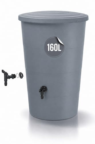 Tymar Regntunna grå, regnfat 200 L, vattentunna med kran, regnvattentank för trädgård och balkong, regnvattentunna Ø 60 x 107 cm_IDSM