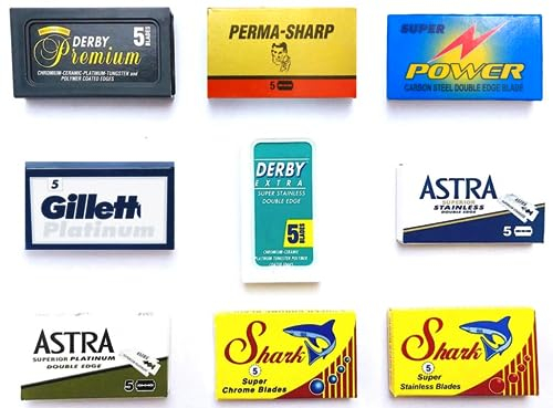 50 Rasierklingen für Rasierhobel, Astra-Derby-Shark-Permasharp, Rasierklingen Set, 9 verschiedene Klingentypen