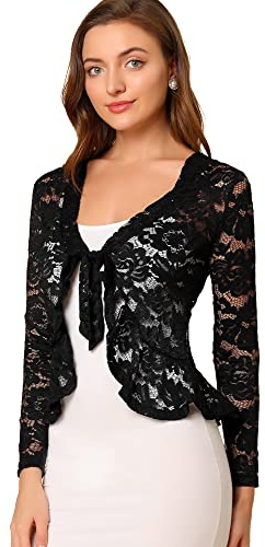 Allegra K Bolero Shrug for Women's Lace Cardigan Tie Front Crop Ruffled Formal Dressy Wedding Shrugs Medium Black