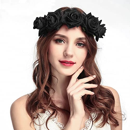 FFWTPY Halloween Blumenkranz Haare Rose Blume Krone Braut Stirnband Künstliche Blumenkrone Brautblumen Haarkranz Blumen Haarband Kopfschmuck für Damen Geburtstag Hochzeit Party