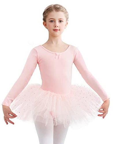 Aiseyi Vestido de ballet de manga larga para niña, ropa de ballet con falda de algodón, maillot de ballet, traje de ballet, tutú de ballet, vestido de danza, Rosa., 120