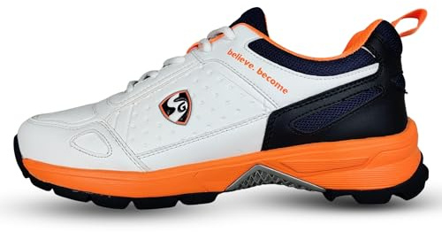 SG Unisex-Adult Club 6.0 Rubber Spikes Cricket Shoes, White/Navy/Orange - 10 Uk, White, Navy, Orange