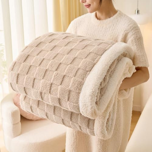Gracelife Sherpa Blanket Throw Blanket Fleece Blanket Double, Soft Fluffy Fuzzy Warm Blanket Throws for Bed and Couch, Large Thick Blanket for All Season Use (Beige-2, 60*80, Solid)