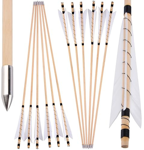 limaity 32 Bogenpfeile Holz, traditionelle Jagdpfeile, Holzpfeilschaft mit 5 natürlichen Feder, für Recurve-Bogen Langbogen (6PCS,Weiß)
