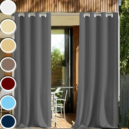 HUAXIQUE Rideau Exterieur Impermeable 150x180cm Occultant Hydrofuges Isolation Thermique à Oeillets Polyester Rideau Occultant pour Balcon Terrasse Patio Cabanon Cour Gris Foncé